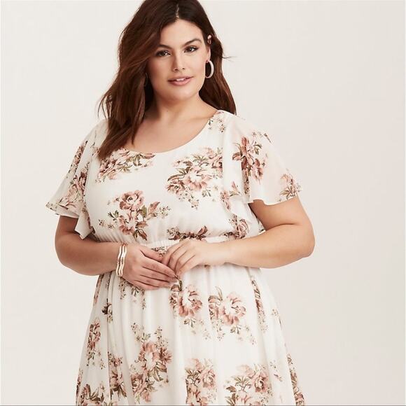 Torrid Ivory Floral Chiffon Skater Dress Flutter Sleeves - Picture 2 of 15